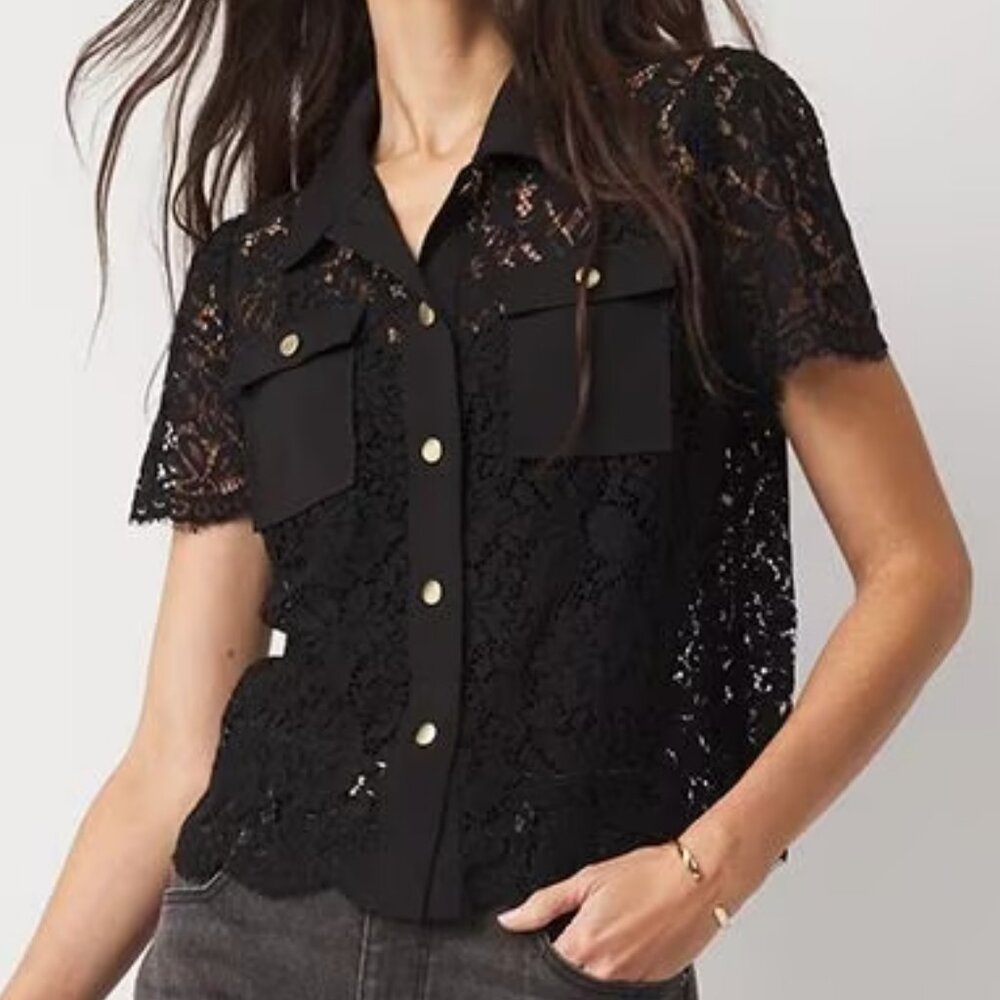 WHBM Short-Sleeve Lace Shirt Jacket - Picture 6 of 6